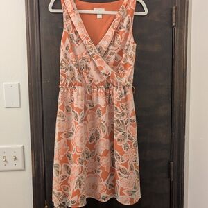 LOFT Orange and Cream Floral Midi Dress